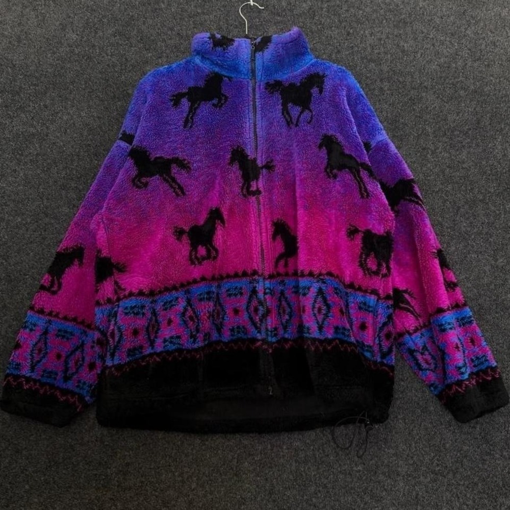Vintage Mazmania Purple Pink Horse Print Fleece Jacket Mens XL USA Western